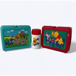 2 Vtg Winnie The Pooh Plastic Lunchboxes 1 Thermos Red Blue Picnic Disney Piglet